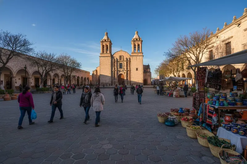 Dolores Hidalgo parish plaza on a clear January morning in Guanajuato