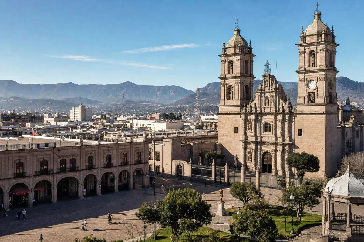 Durango cathedral plaza in clear February dry-season light