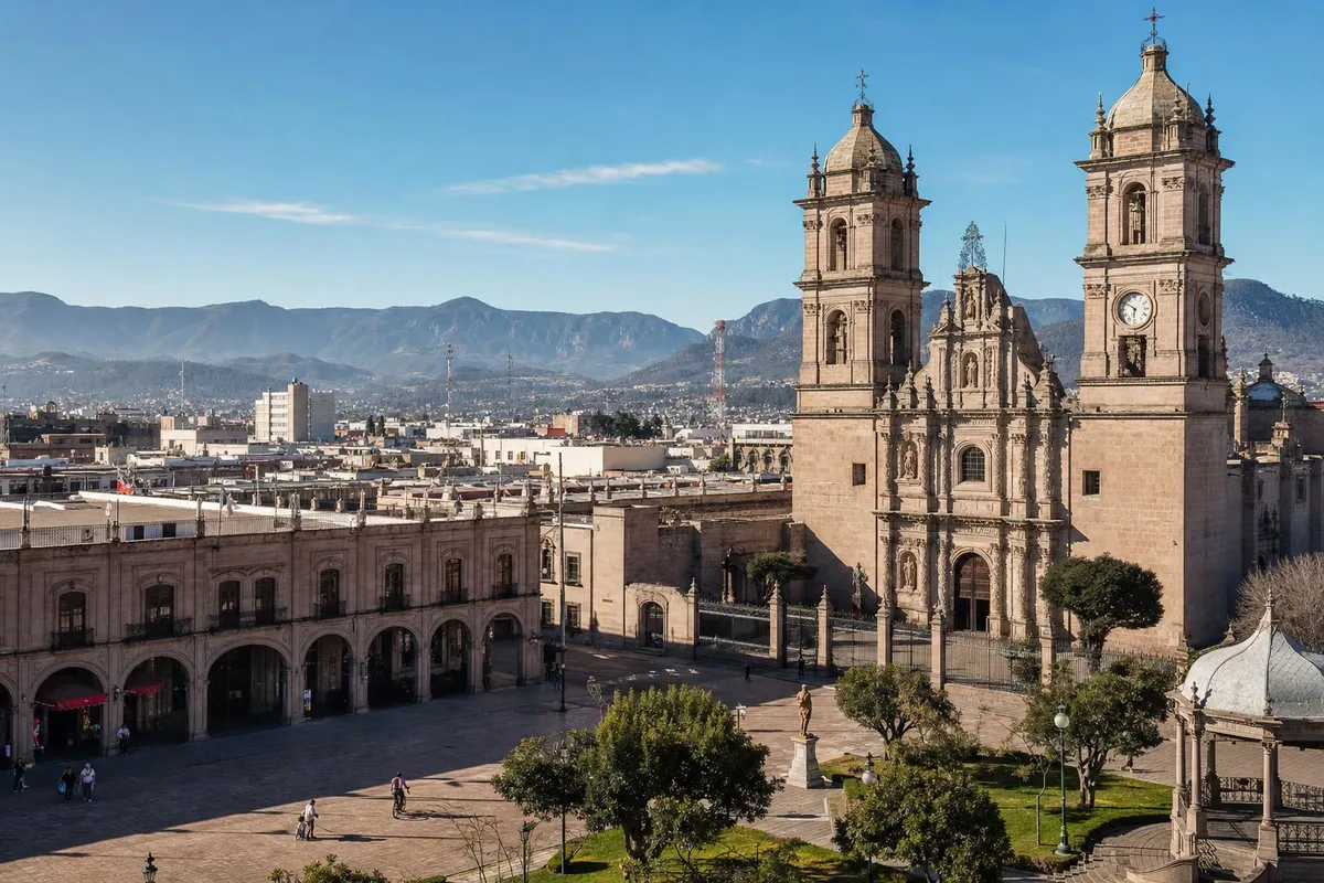 Durango colonial plaza and cathedral in clear January dry-season light