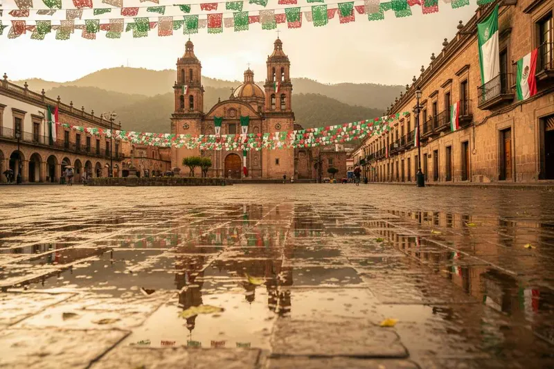Durango cathedral plaza after rain with green Sierra Madre hills beyond the city