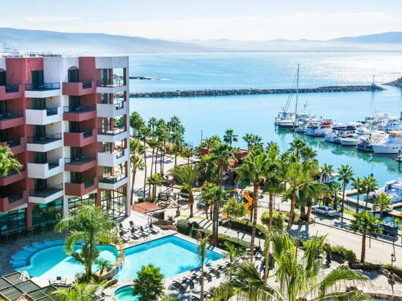 Hotel buildings near the Ensenada waterfront and marina