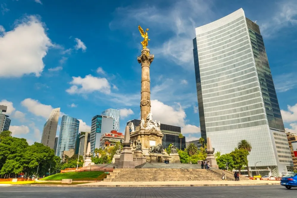 Mexico City street scene with historic architecture and daily city life