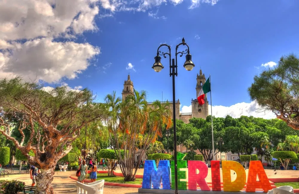 Merida street scene with Yucatan colonial architecture