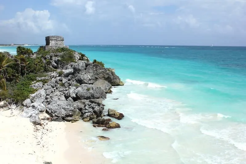 Tulum beach and turquoise Caribbean water near the Maya Train route