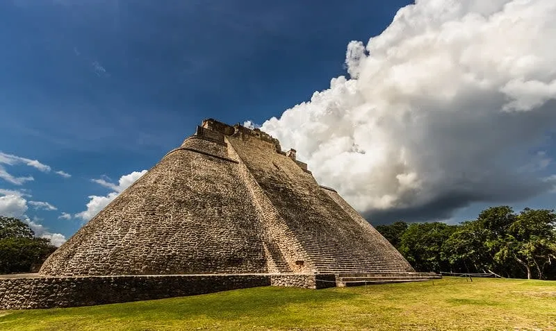 Stone pyramid and carved ruins at Uxmal in Yucatan