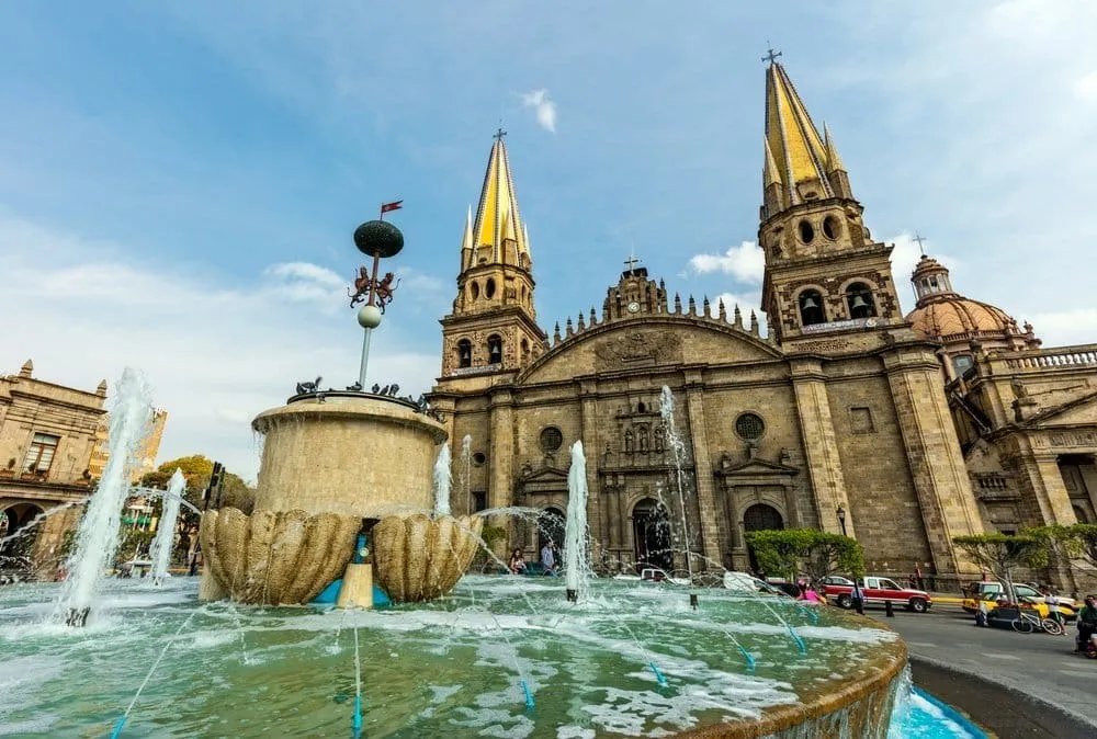 Historic street in Guadalajara's Barrio Antiguo neighborhood with colonial architecture