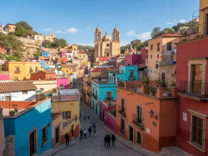 Guanajuato City UNESCO historic center — brightly painted yellow, orange and green colonial houses stacked up the hillside with the Juárez Theater dome visible in the background