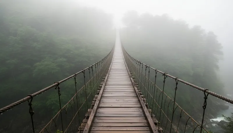 Hiker crossing a suspension bridge in the cloud forest of Pueblos Mancomunados, Oaxaca