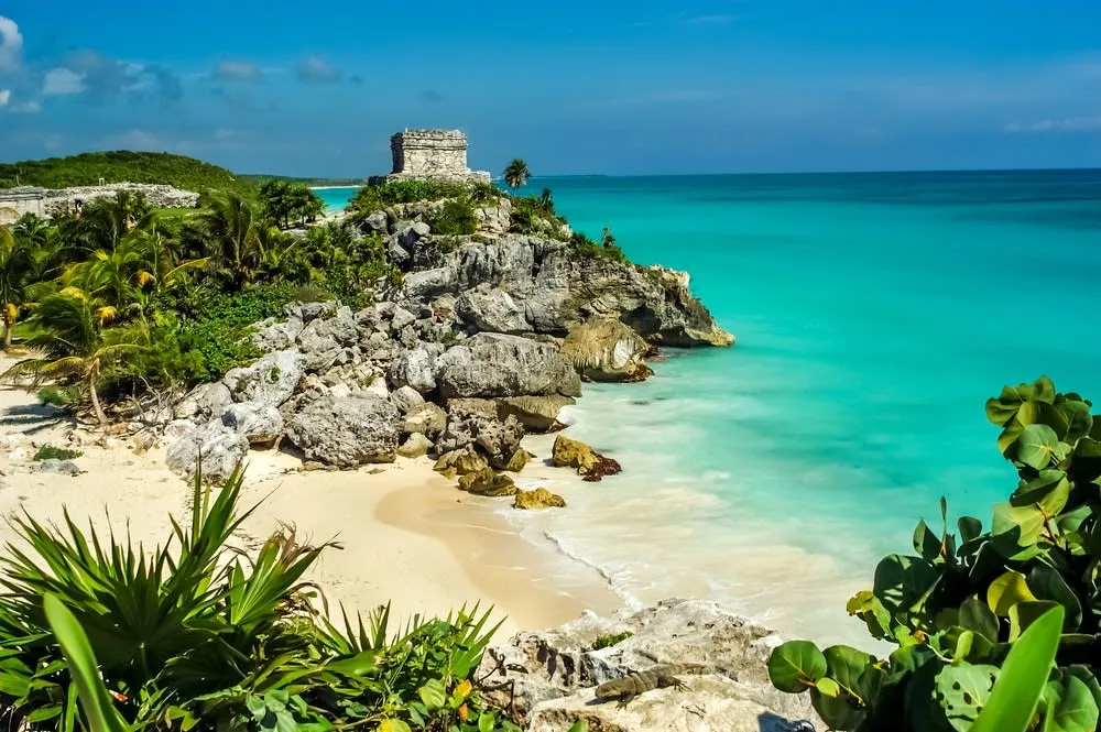 Tulum beach and turquoise Caribbean water near the archaeological ruins