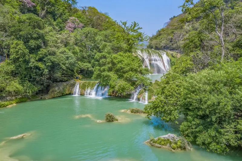 Stepped Micos waterfalls pouring into bright turquoise pools near Ciudad Valles