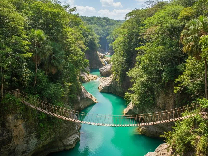 Turquoise waterfall and lush green jungle in Huasteca Potosina San Luis Potosi Mexico in July with the Tamul waterfall at maximum summer flow
