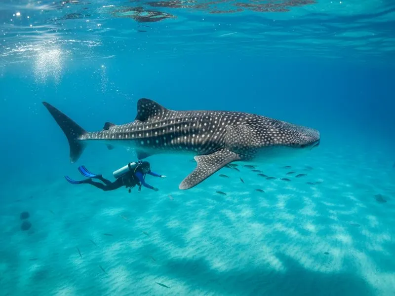 Whale shark snorkeling near Isla Mujeres during the peak August season