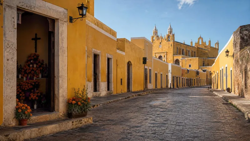 Yellow colonial street in Izamal with November dry-season light and marigold color