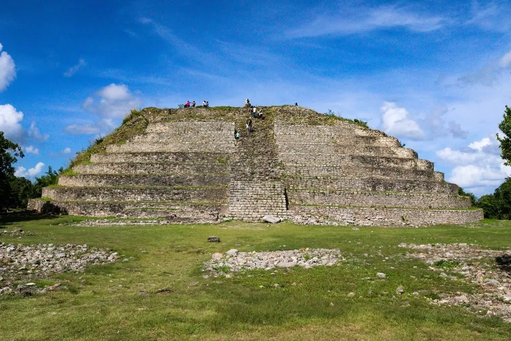 Kinich Kakmo pyramid stone terraces rising above Izamal