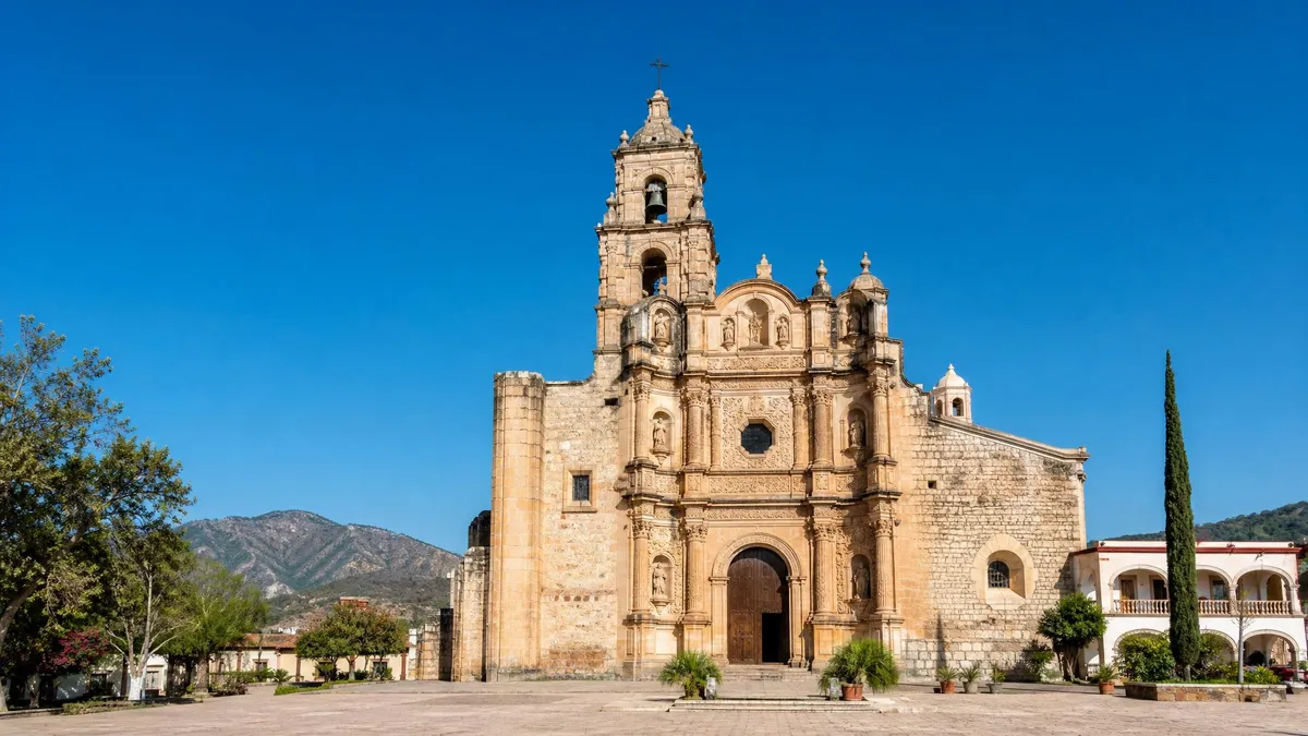 Jalpan de Serra mission in January with dry-season morning light, Sierra Gorda hills, and cool winter travel weather