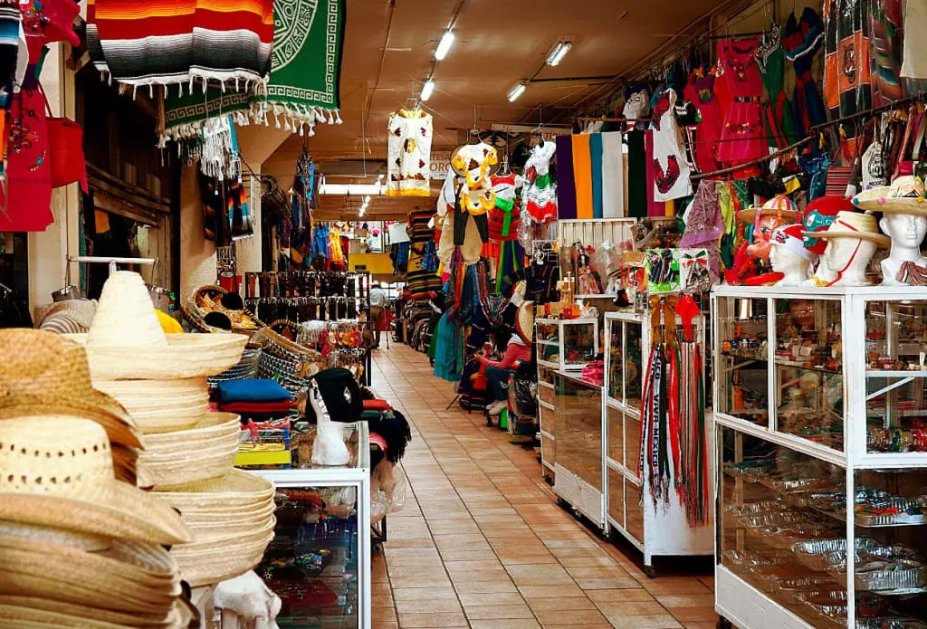 Souvenir stalls inside a traditional market in Ciudad Juarez