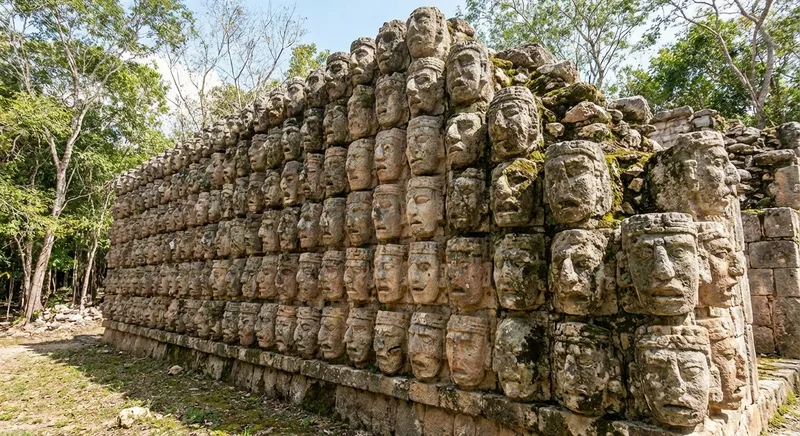 Kabah ruins Codz Poop Palace of Masks Yucatan Mexico facade covered with hundreds of Chaac rain god stone masks intricate carvings