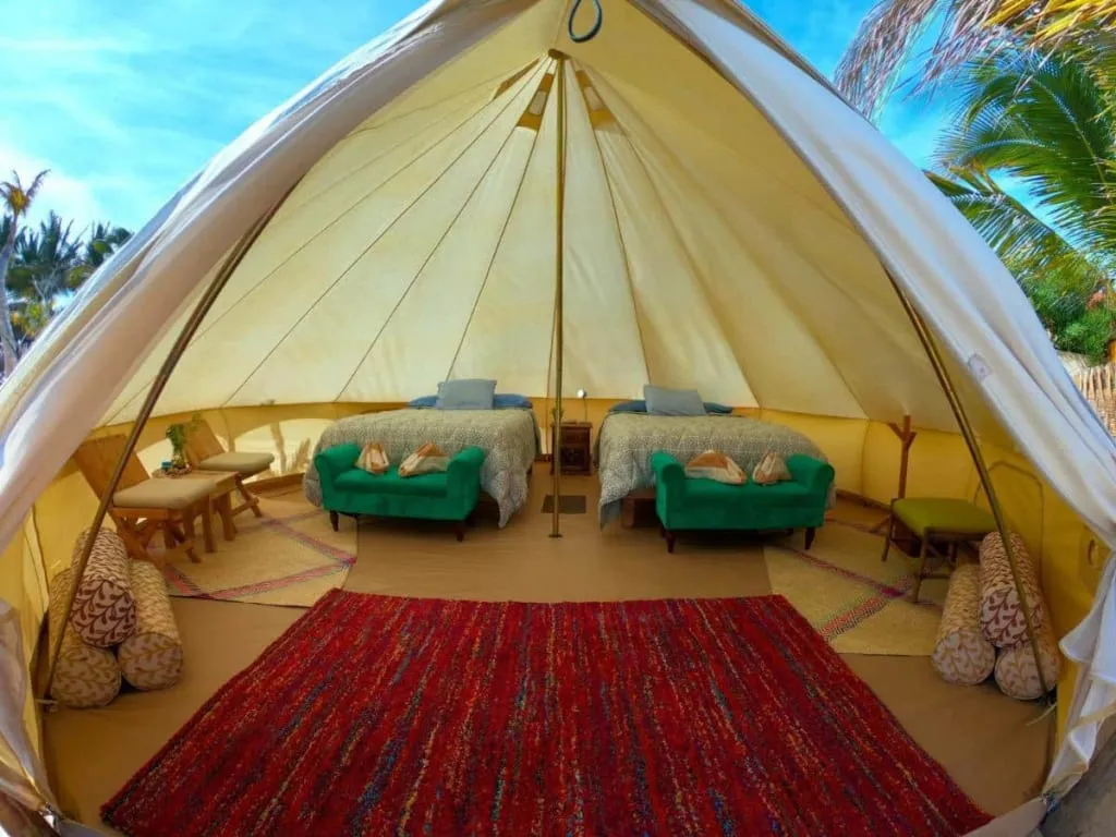 Glamping tents at Chilo Chill facing the Sea of Cortez in La Ventana