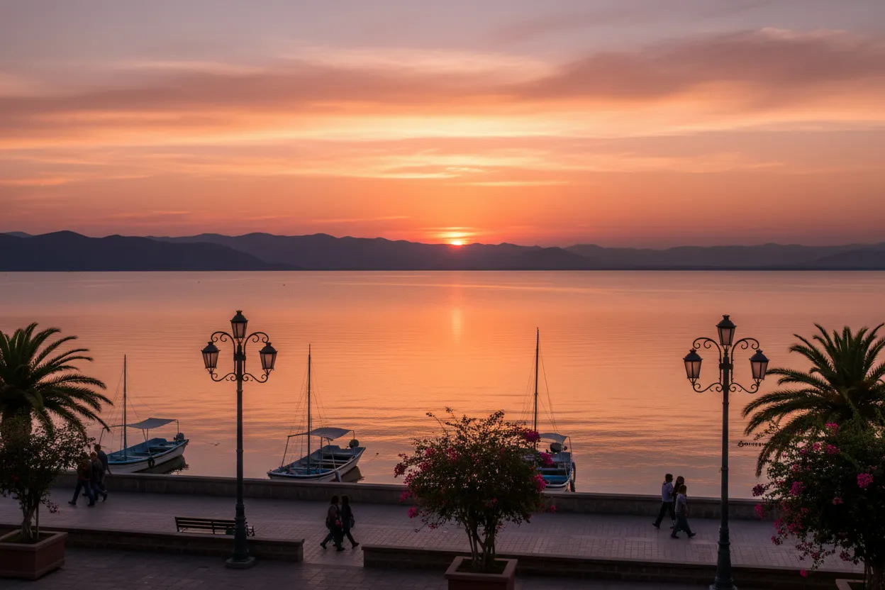 Lake Chapala at sunset from Ajijic with mountains behind the water and tables along the shore