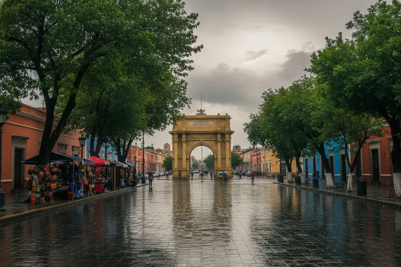 Leon historic center pavement after a summer shower with shops and low green hills nearby