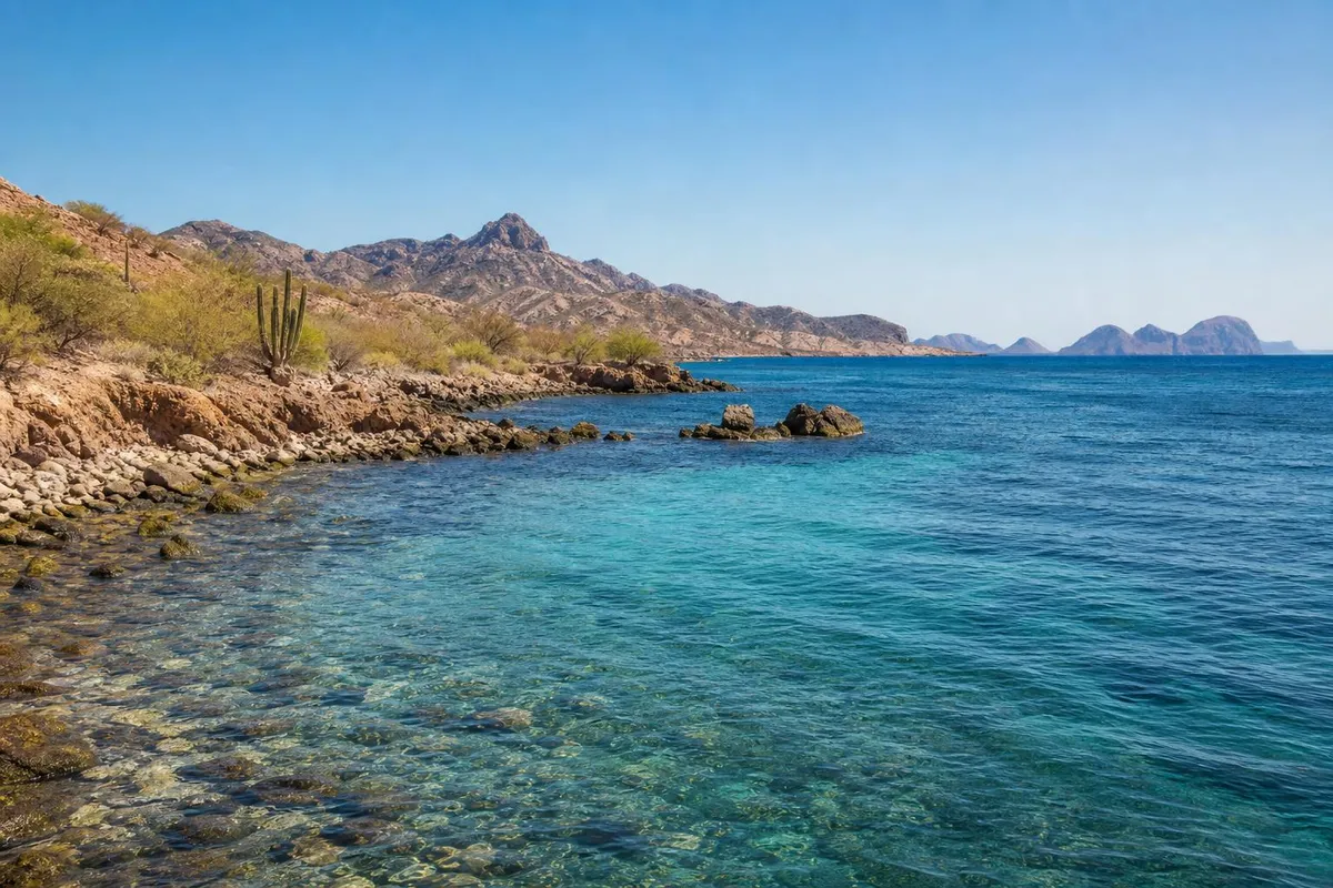 Hot August light over the Sea of Cortez coastline and desert mountains near Loreto