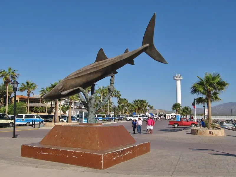 Loreto malecón boardwalk on the Sea of Cortez in Baja California Sur — colonial Baja town with mission church and palm-lined waterfront