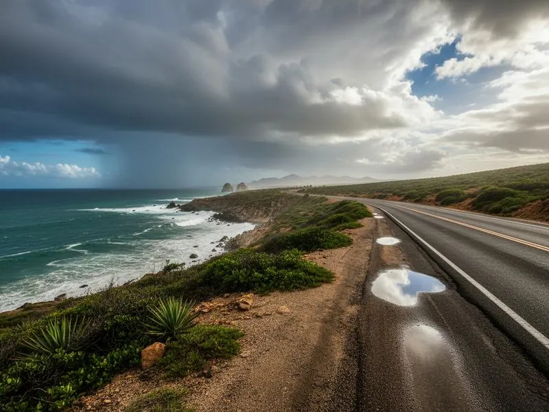Los Cabos desert road in January with dry-season sun and mountain views