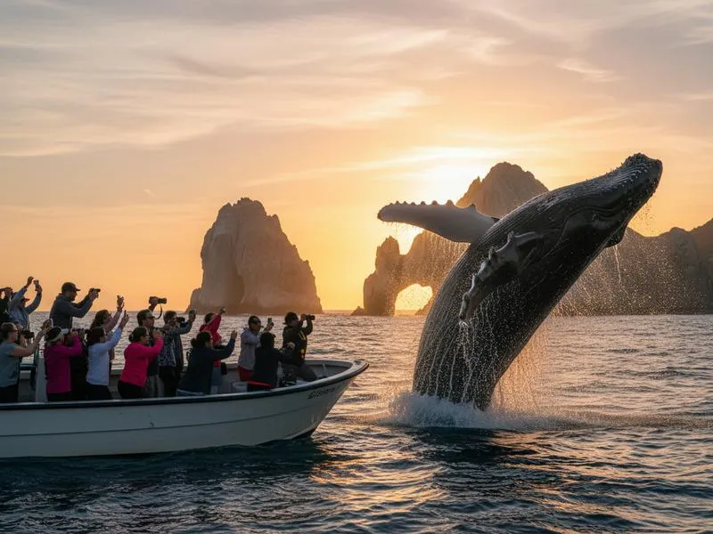 Humpback whale breaching near Los Cabos, Mexico — whale watching season opens in December when 600+ humpbacks arrive at Puerto Vallarta and gray whales reach Baja California's breeding lagoons