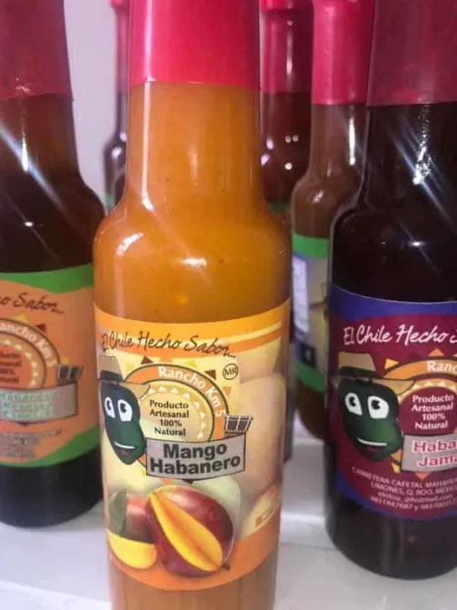 Habanero sauce display at Rancho Km5 near Mahahual