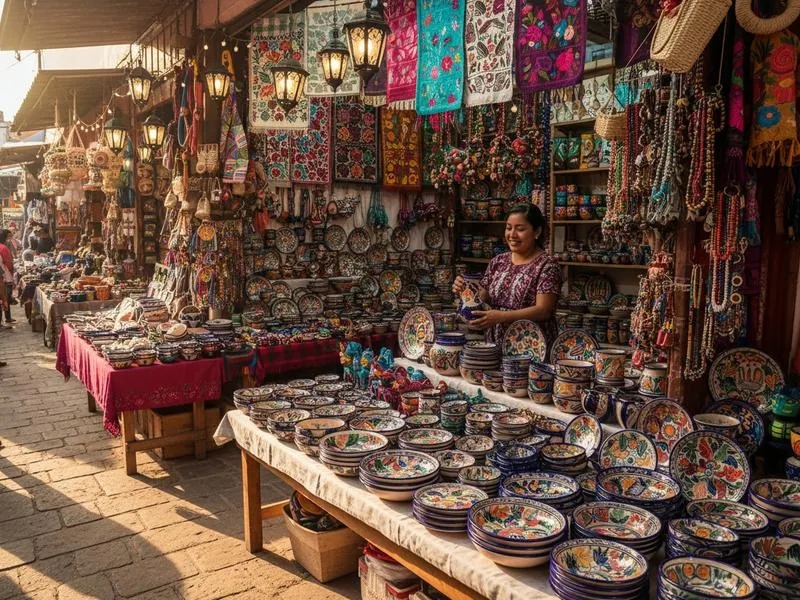 Vendor accepting payment at a colorful Mexican market with peso bills
