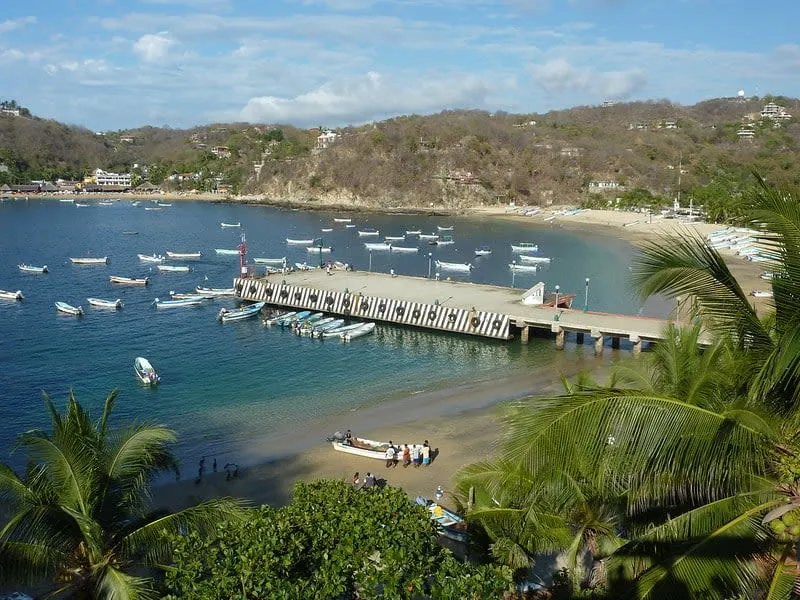 Mazunte and Puerto Angel coastline with Pacific waves during green Oaxaca Coast season
