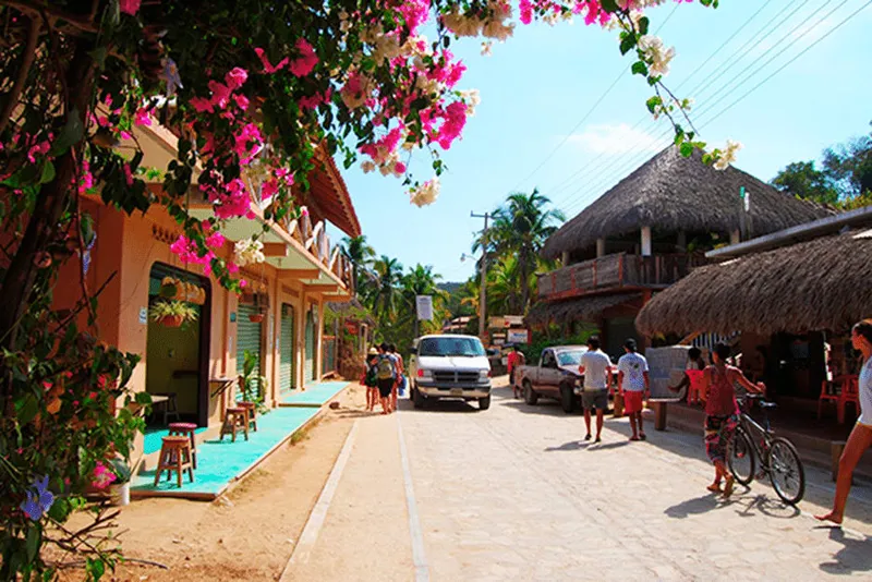 Mazunte beach town buildings and palms during rainy-season travel weather