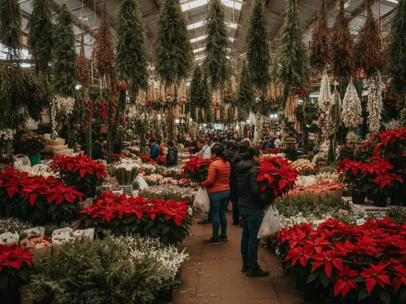 Mercado de Jamaica flower stalls with poinsettias in Mexico City