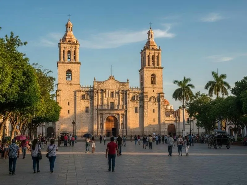 Plaza Grande in Mérida with colonial arcades and evening lights