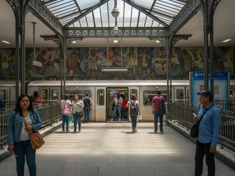 Bellas Artes metro station entrance with Art Nouveau styling and passengers in Mexico City