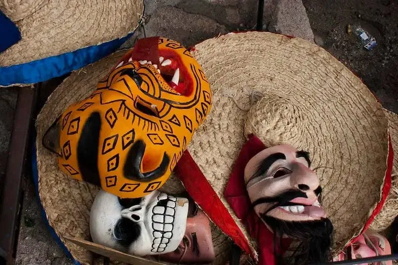 Painted wooden dance masks used in Mexican festivals