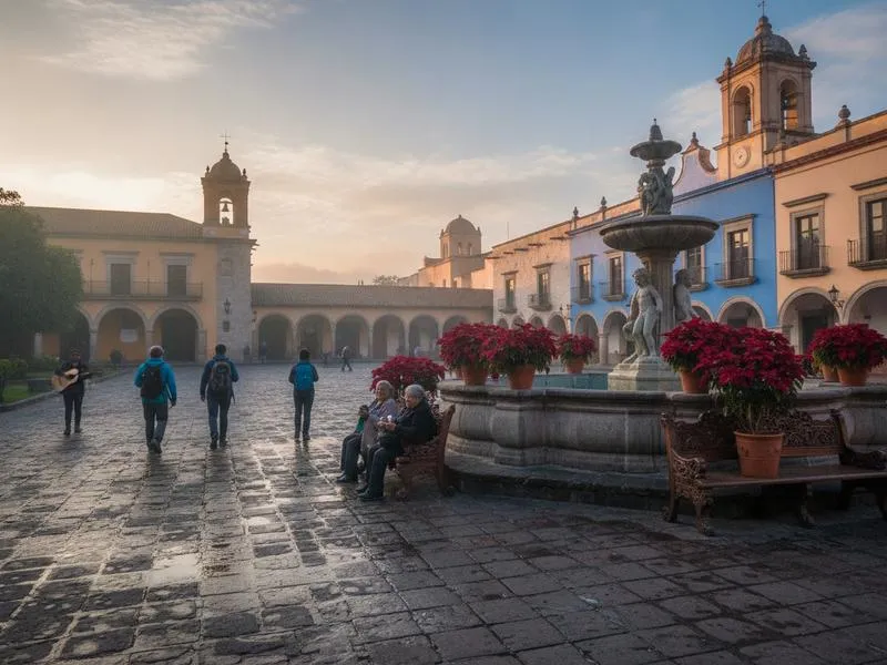 Quiet Mexican colonial plaza in early January after holiday crowds