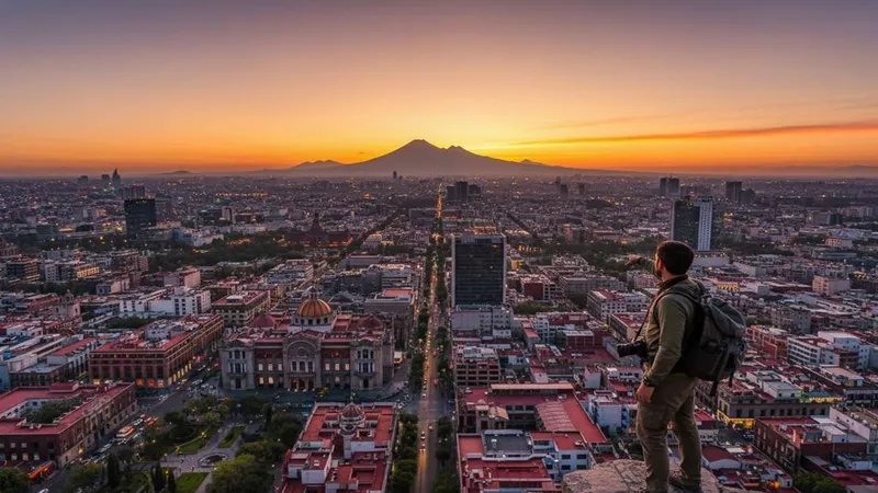 Historic center rooftops and cathedral towers under a clear Mexico City sky