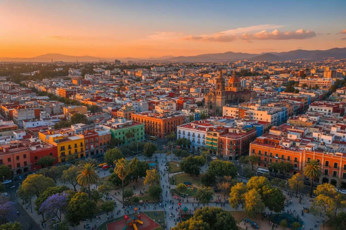 Aerial view of Mexico City's Roma and Condesa neighborhoods showing tree-lined streets, Art Deco architecture, and the green canopy of Parque México at golden hour