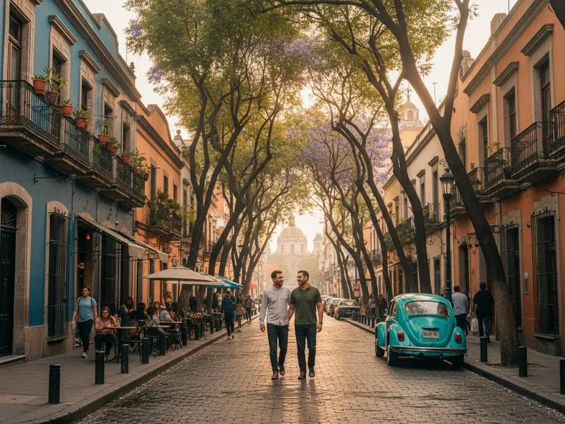 Tree-lined street in Roma Norte with greenery during the June rainy season