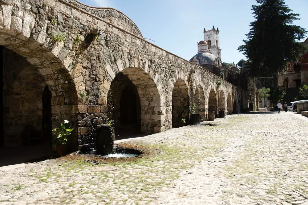 Stone buildings and gardens in Huasca de Ocampo, Hidalgo
