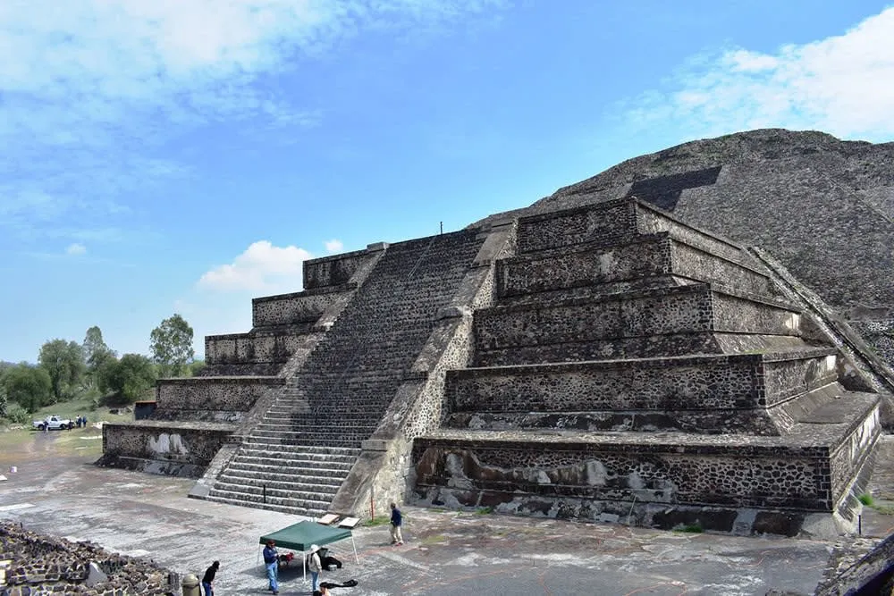 Pyramid of the Moon viewed from the Avenue of the Dead at Teotihuacan with mountains in background