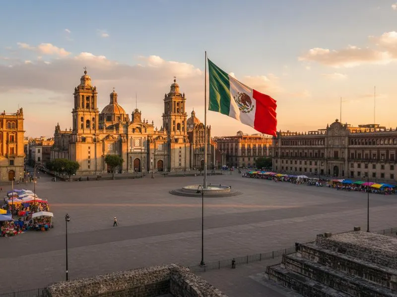 Morning view of Mexico City's Zócalo with the Metropolitan Cathedral and the Mexican flag flying over the vast colonial plaza