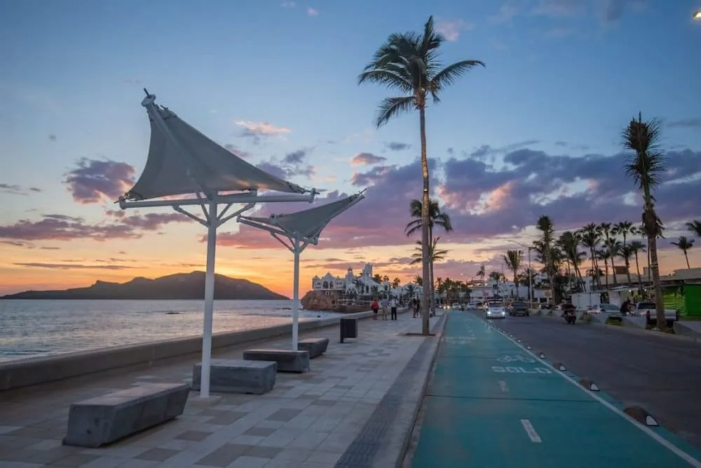 Mazatlán Pacific coast panorama with El Faro lighthouse hill and beach malecon promenade Sinaloa
