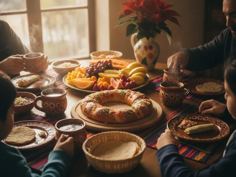 Family breakfast table in Mexico with rosca and hot chocolate