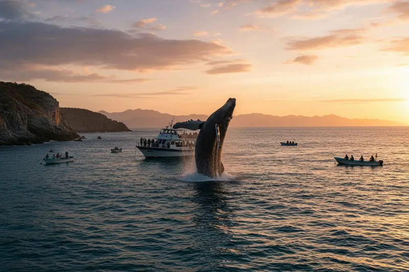 Gray whale surfacing beside a small whale watching boat off Mexico's Pacific coast