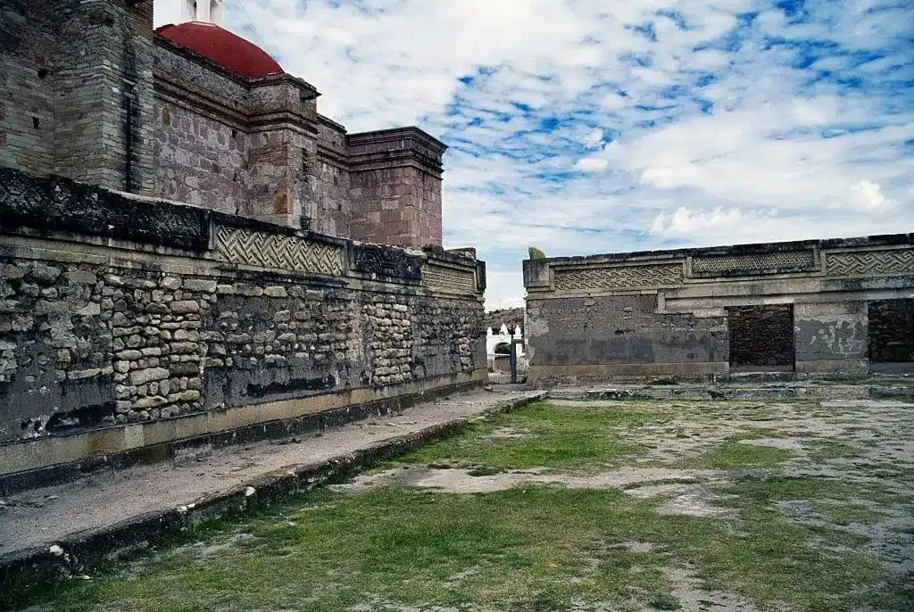 Geometric stone mosaic patterns on an ancient wall at Mitla
