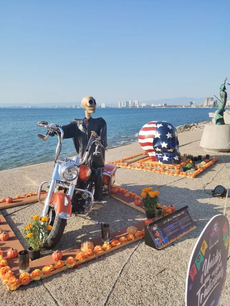 Motorcycle rider skeleton sculpture on the Puerto Vallarta boardwalk