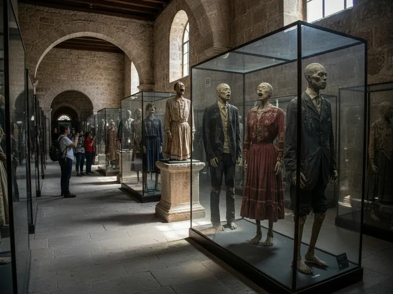Display case showing naturally mummified bodies at the Mummies of Guanajuato museum, one of Mexico's most unusual cultural attractions