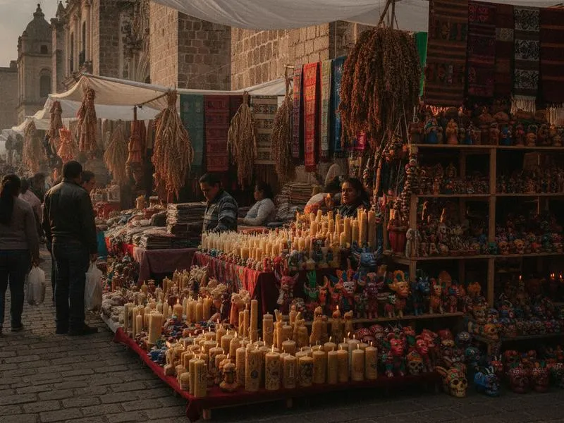 Oaxaca Christmas craft market with candles, textiles, and clay figures